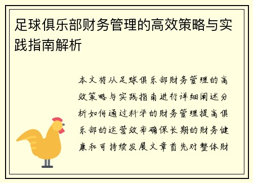足球俱乐部财务管理的高效策略与实践指南解析 足球俱乐部财务管理的高效策略与实践指南解析